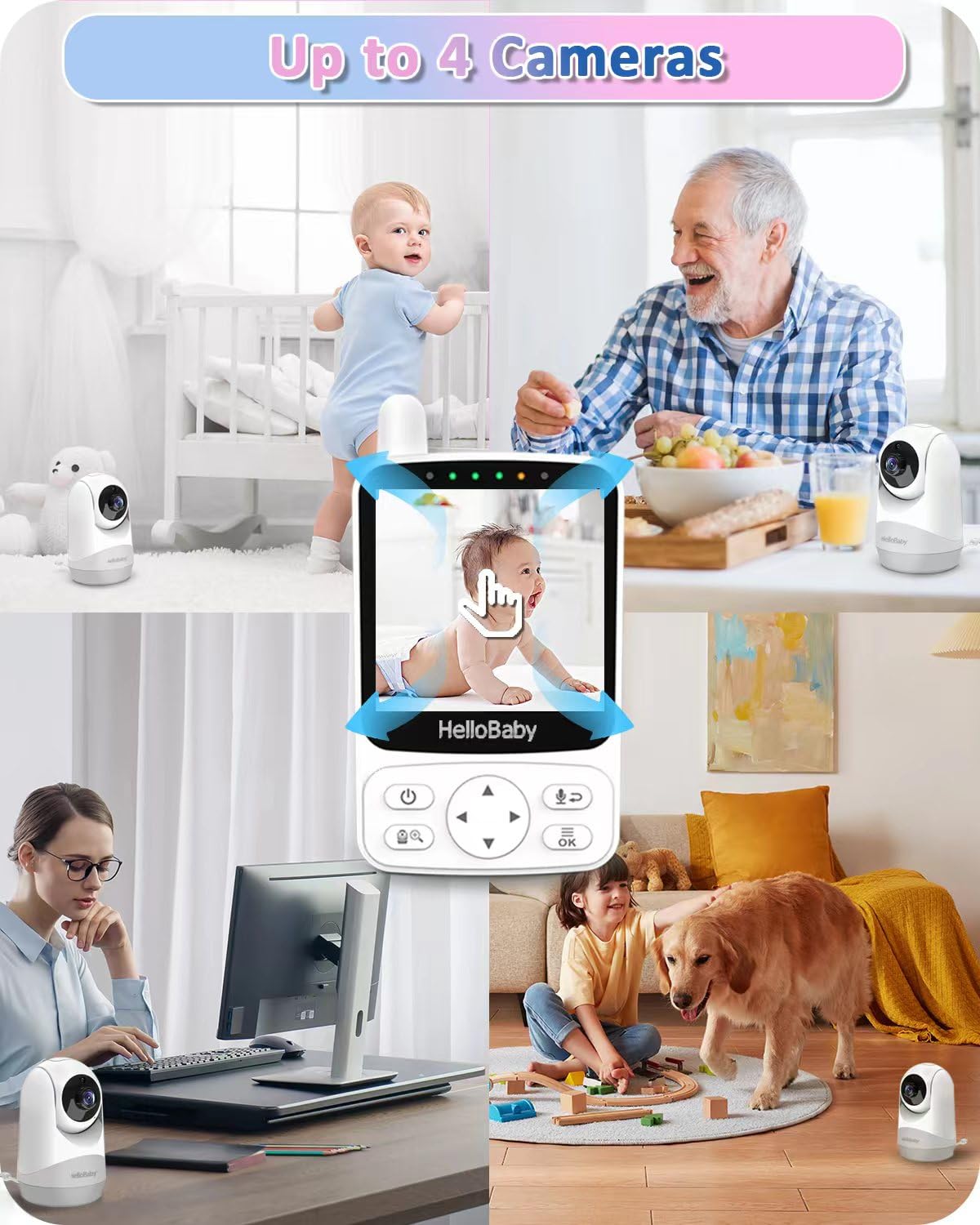 HelloBaby Babyphone mit Kamera,29 Stunden Akkulaufzeit Babyfon,318°/120° Baby Monitor mit Ferngesteuerter Pan-Tilt Kamera 2X Zoom,Infrarot-Nachtsichtkamera ECO-Modus,Bis zu 1000ft,2-Wege-Audio
