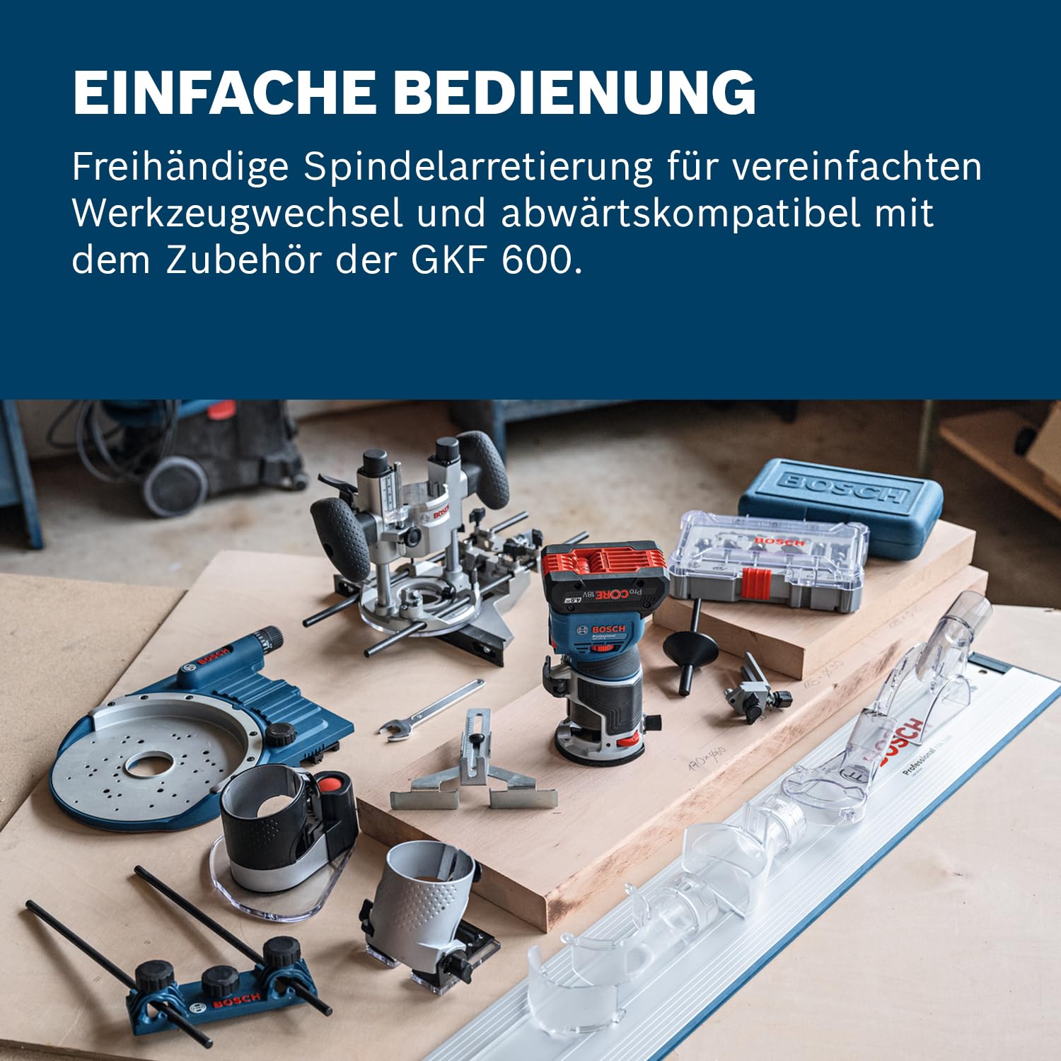 Bosch Professional 18V System Akku-Kantenfräse GKF 18V-8 (inkl. Parallelanschlag, 2x Saugadapter zum Fräsen, Spanschutz, 8-mm-Spannzange, Spannschlüssel, ohne Akku/Ladegerät)