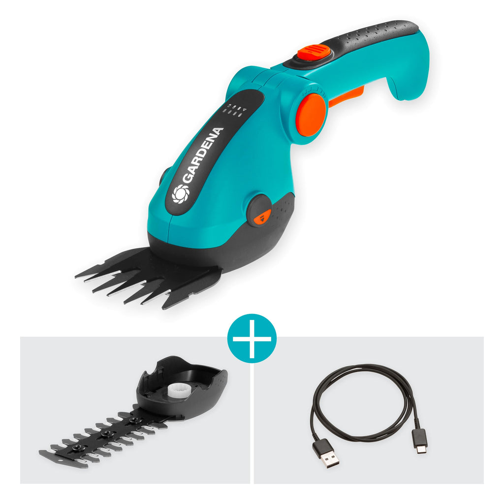 Gardena Set Akku-Gras- und Strauchschere ComfortCut Li: Rasenkantenschere und Strauchschneider, abwinkelbarer Komforthandgriff mit LED-Anzeige, Messerwechsel ohne Werkzeug (9888-20)