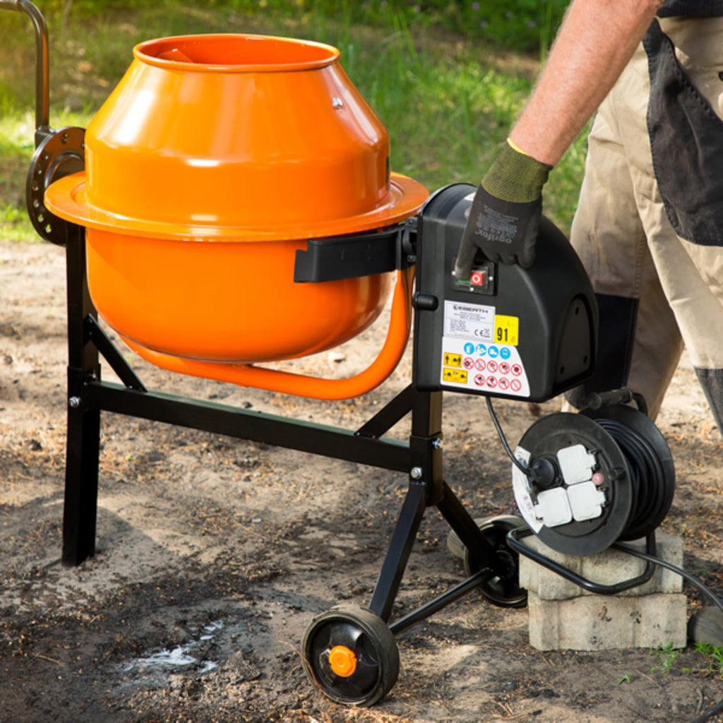 EBERTH 65L Betonmischer Elektrisch Mobil, 220W Motor, Gestell, Trommel und Zahnkranz aus Stahl, feststellbares Handrad, breite Fußplatte, Profi Zementmischer, Trommel schwenkbar, Einfache Bedienung