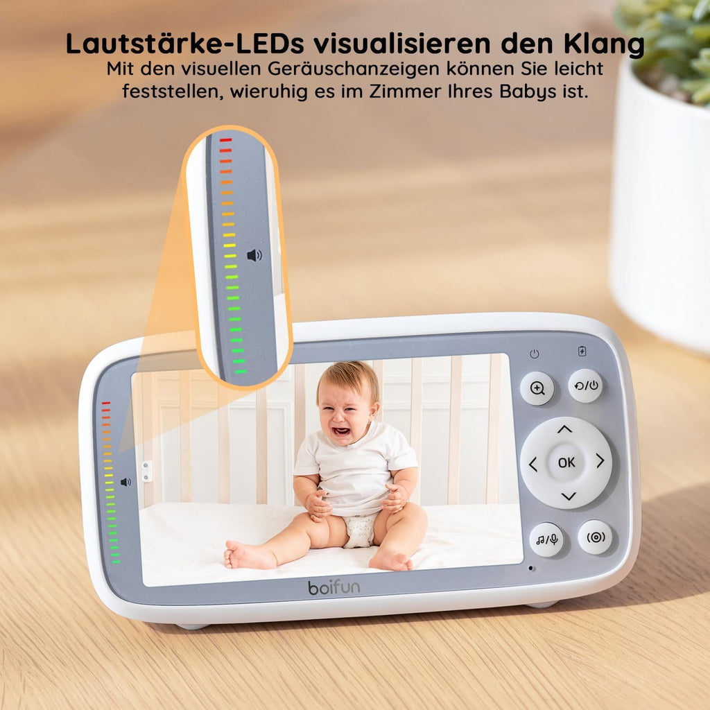 BOIFUN Babyphone mit Kamera, 4 Zoll 720P Monitor, Ohne WLAN, Nachtsicht, 11 Stunden Akkulaufzeit, Energiesparmodus, 2 Wege Audio, Schallerkennung, Temperaturerkennung, 3X Zoom, Schlaflieder