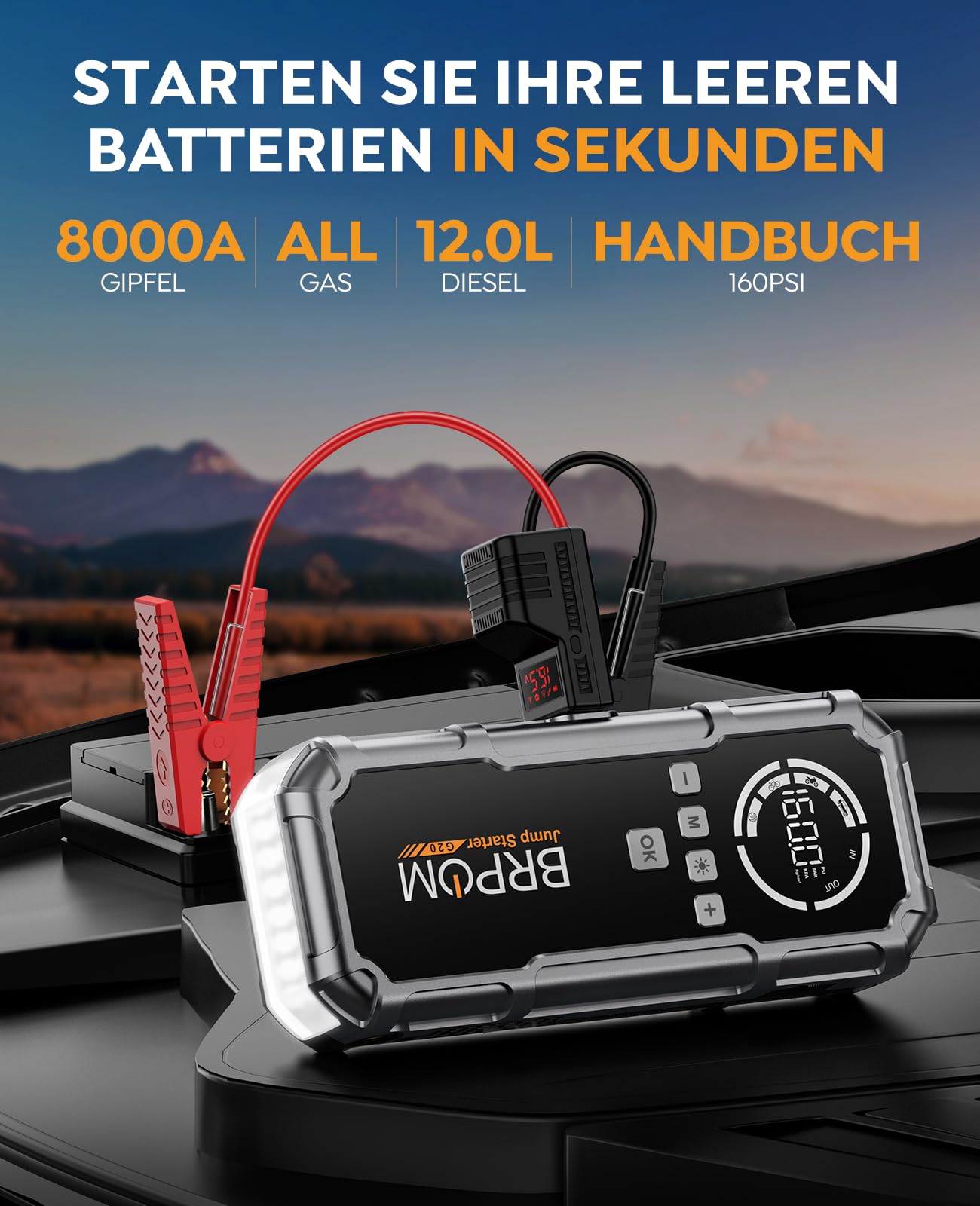 BRPOM Starthilfe Powerbank für Pkw mit Kompressor 160PSI,8000A 26800mAh Auto Starthilfe Powerbank für All Benzin und 12.0L Dieselmotor,Starter Powerbank Eingang/Ausgang und 600LUM LED-Licht