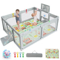COSTWAY 188 x 157cm Laufstall Baby Faltbar, Laufgitter mit Matratze, Basketballkorb, Fußballnetzen, 50 Spielbällen, Krabbelgitter mit atmungsaktivem Netz, Tragetasche für Kleinkinder (Klein, Hellgrau)