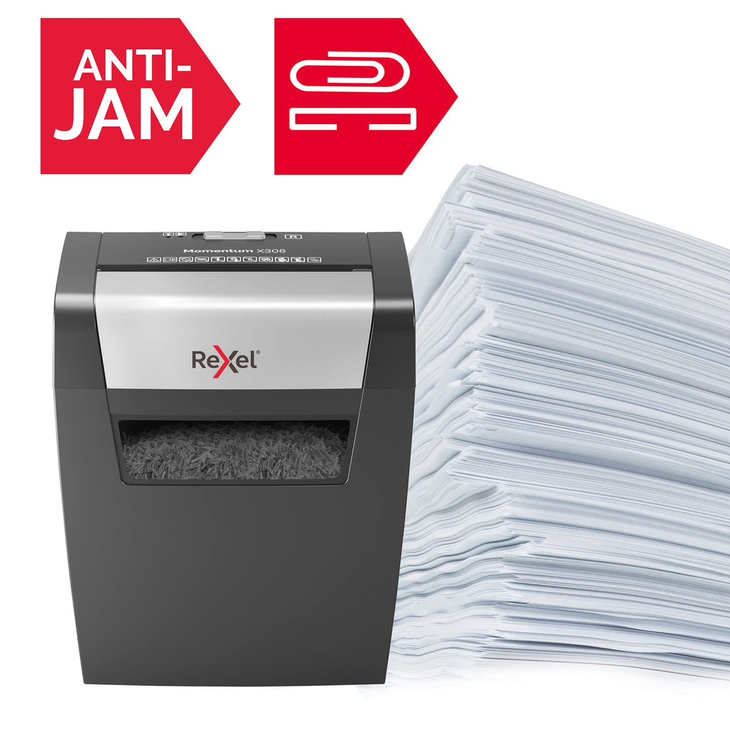 Rexel Aktenvernichter Momentum X308, Partikelschnitt, 9-8 Blatt A4 (70-80 g/m²) Kapazität, Sicherheitsstufe P3, 15L Abfallbehälter, Schredder, schwarz, 2104570EU