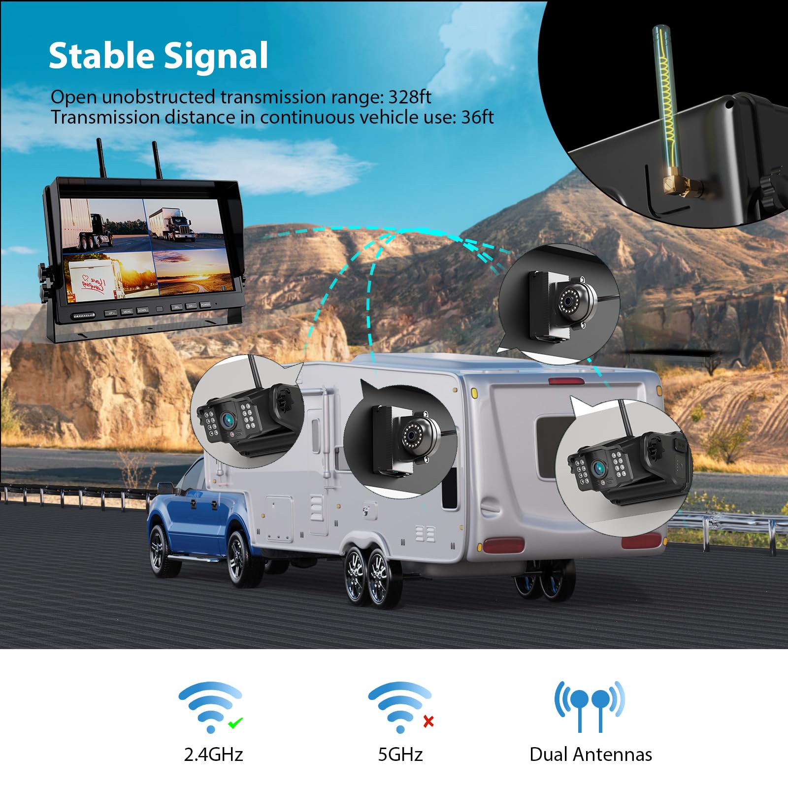 4 Magnetische Rückfahrkamera Kabellos, 10 Zoll 1080P FHD Monitor, 9600mAh Wiederaufladbare Akku, 1-Min Einrichtung, IP69K Wasserdicht Rückfahrkameras für Wohnmobile,Anhänger und LKWs