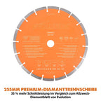 Evolution R255DCT Betonsäge Elektrische Steinsäge 2000W Steinschneidemaschine 255 mm Scheibendurchmesser Sägeblatt Premium Diamantblatt, 102.5 mm Schnitttiefe, schneidet Mauerwerk Gehwegplatten Beton