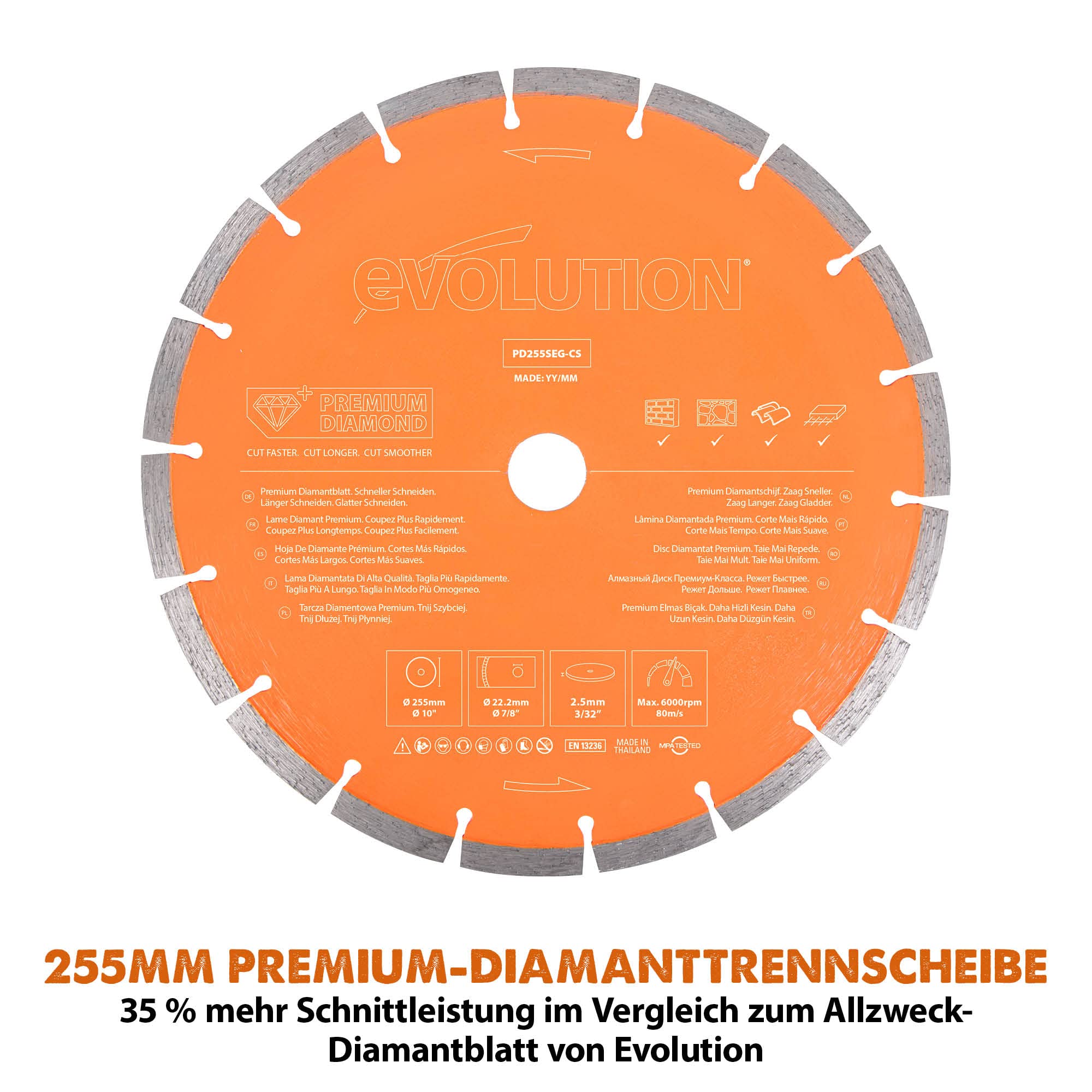Evolution R255DCT Betonsäge Elektrische Steinsäge 2000W Steinschneidemaschine 255 mm Scheibendurchmesser Sägeblatt Premium Diamantblatt, 102.5 mm Schnitttiefe, schneidet Mauerwerk Gehwegplatten Beton