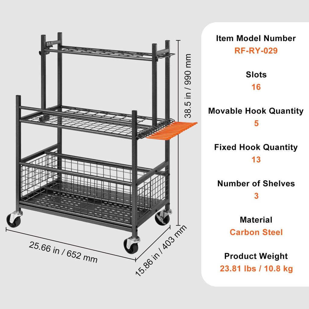 VEVOR Gartengeräte Ständer 652 x 403 x 990 mm Gerätehalter Organizer Kohlenstoffstahl Mehrzweck Gartengeräteaufbewahrungsregal 16 Schlitzen 18 Haken Gartenwerkzeug Halter Besenhalter