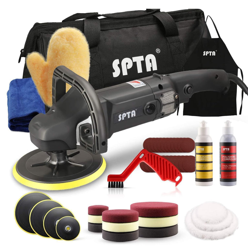 Poliermaschine, SPTA 125mm/150mm/180mm Polierer mit Variable Geschwindigkeit Profiset - Schleifmaschine 1200 Watt Set + Polierschwamm Zubehörset, Polierteller, Wollscheibe für Auto KFZ Boot -SPTA0020