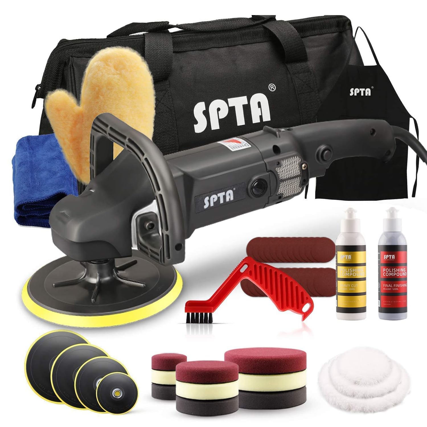 Poliermaschine, SPTA 125mm/150mm/180mm Polierer mit Variable Geschwindigkeit Profiset - Schleifmaschine 1200 Watt Set + Polierschwamm Zubehörset, Polierteller, Wollscheibe für Auto KFZ Boot -SPTA0020