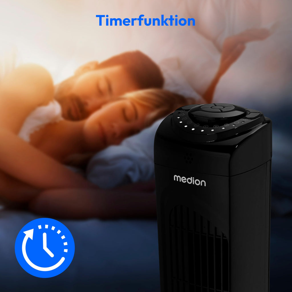 MEDION E11 TF Turmventilator mit Fernbedienung (3 Geschwindigkeitsstufen, leiser Schlafmodus, 45 Watt Leistung, 60° horizontale Oszillation, Timer, MD12067) schwarz