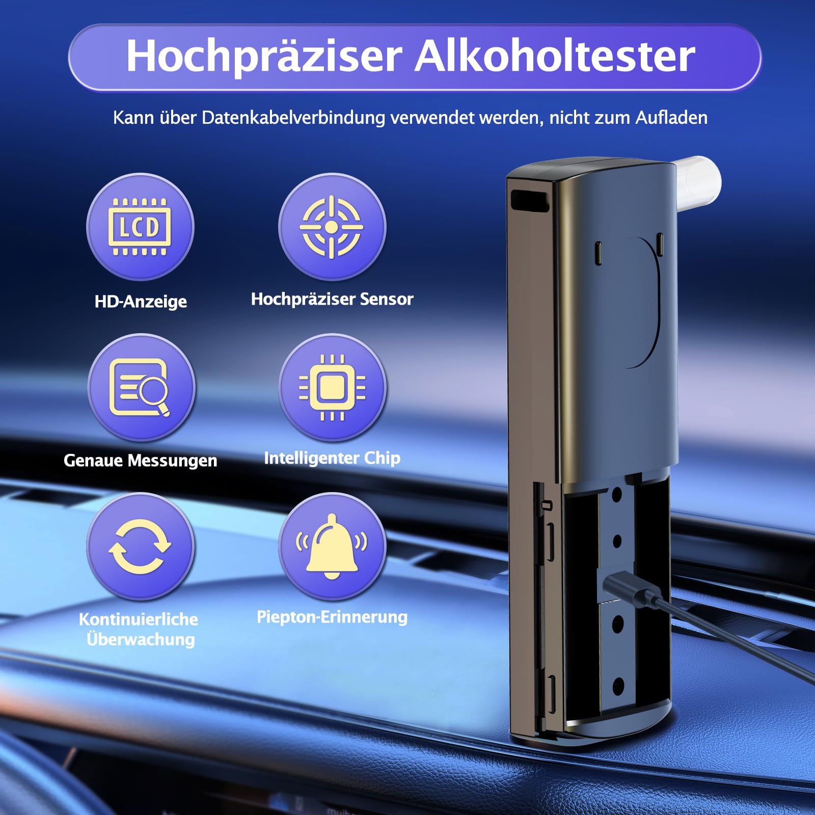 Alkoholtester Polizeigenau Alkoholtest Promillemessgerät: Tragbarer Alcohol Tester Promilletester mit 11 Mundstücken - Digitaler Alkotester Hohe Genauigkeit für Persönlichen Gebrauch Sensor - Schwarz