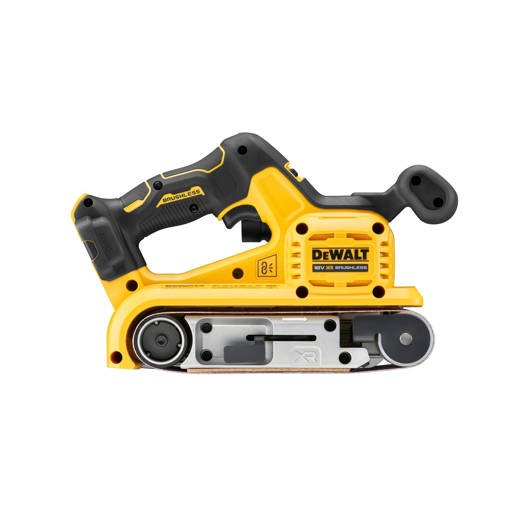 DEWALT 18 Volt Akku-Bandschleifer (Bandgröße 75 x 533 mm, bürstenloser Motor, Drehzahlvorwahl, Staubabsaugung, werkzeugloser Schleifbandwechsel, Lieferung ohne Akku & Ladegerät), DCW220NT-XJ