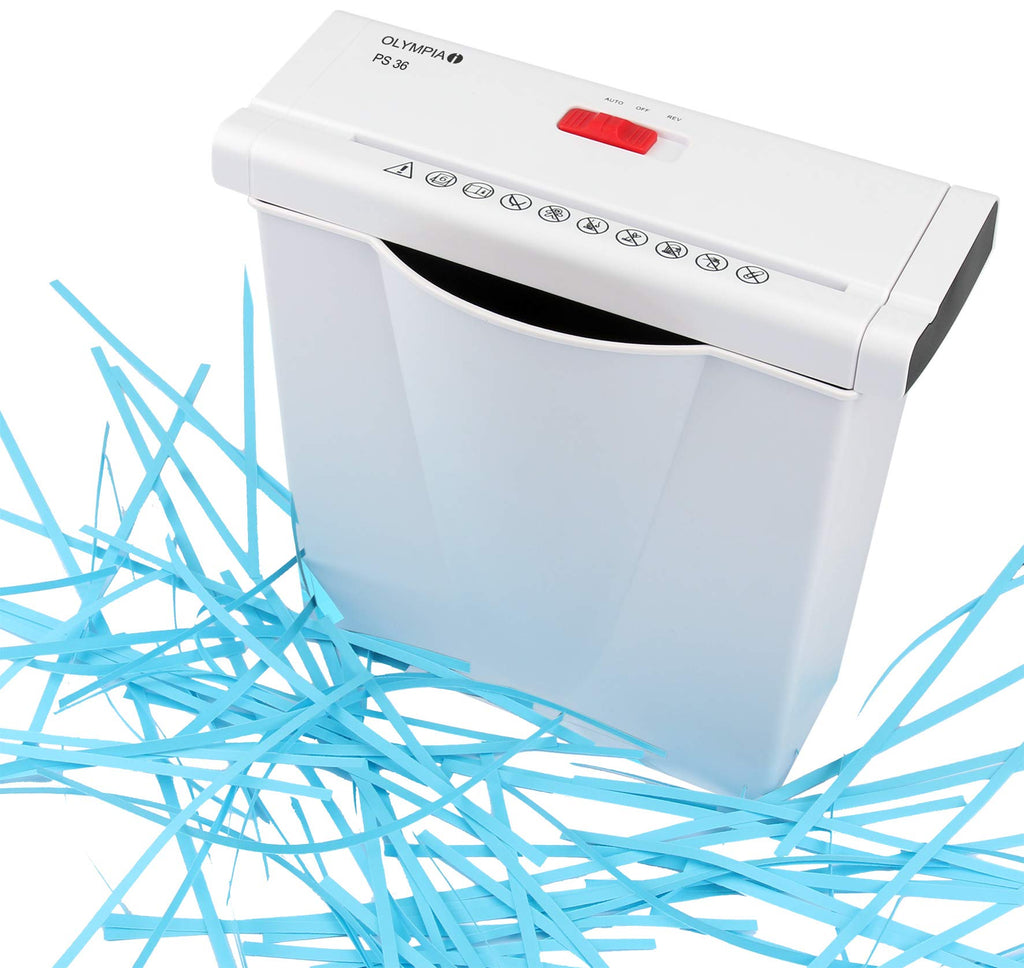 Olympia PS 36 Papierschredder Büro (Streifenschnitt, Sicherheitsstufe P2, Automatischer Einzug, Papiervernichter mit Papierkorb, Dokumenten-Shredder mit Teleskoparm) weiß
