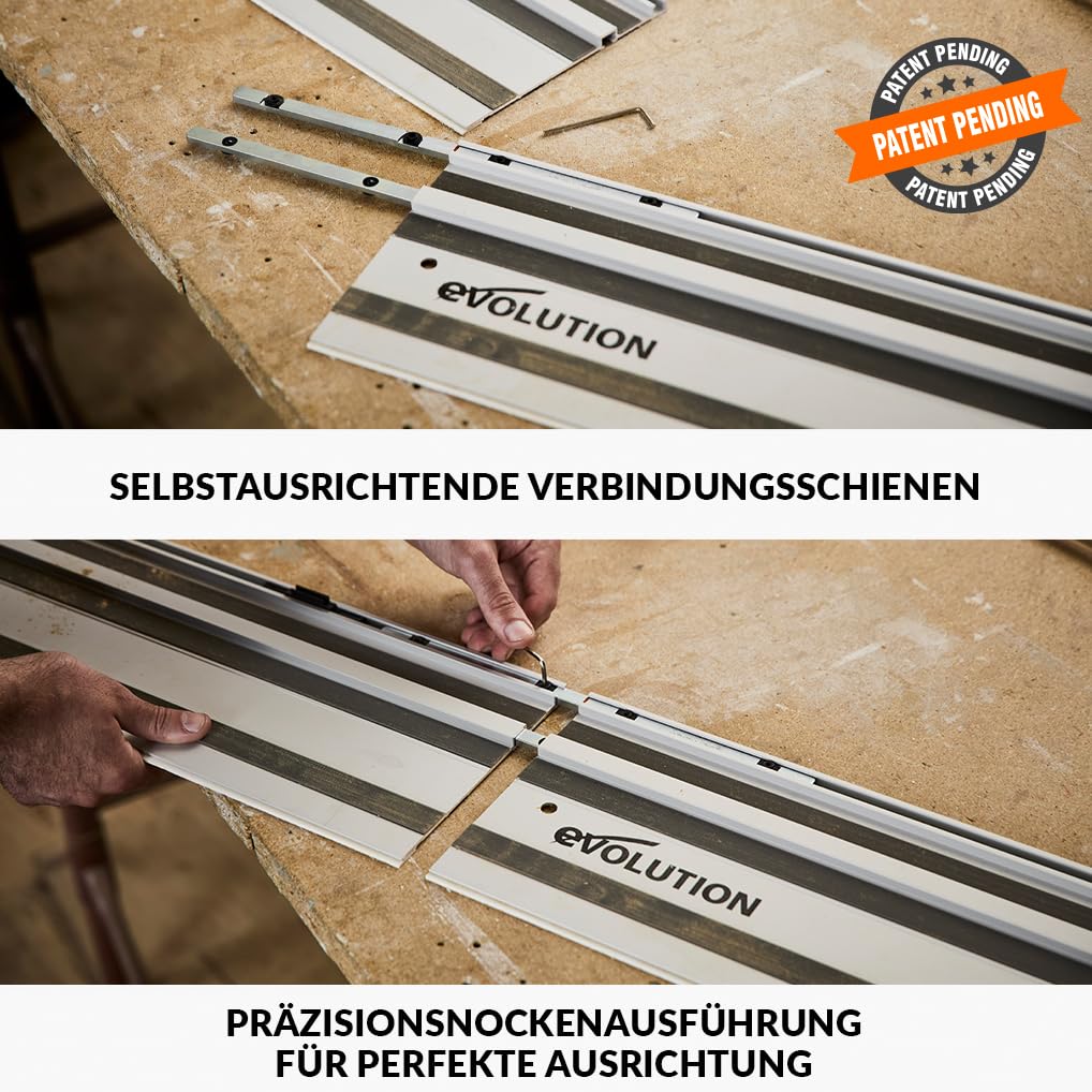 Evolution ST1400-G2 Führungsschiene Kreissägen Universal passend für die meisten Marken Makita, Metabo Bosch, Festool, 1,4m (2 x 700 mm ) Selbstausrichtende Verbindungsschienen, Endanschlag-Zubehör