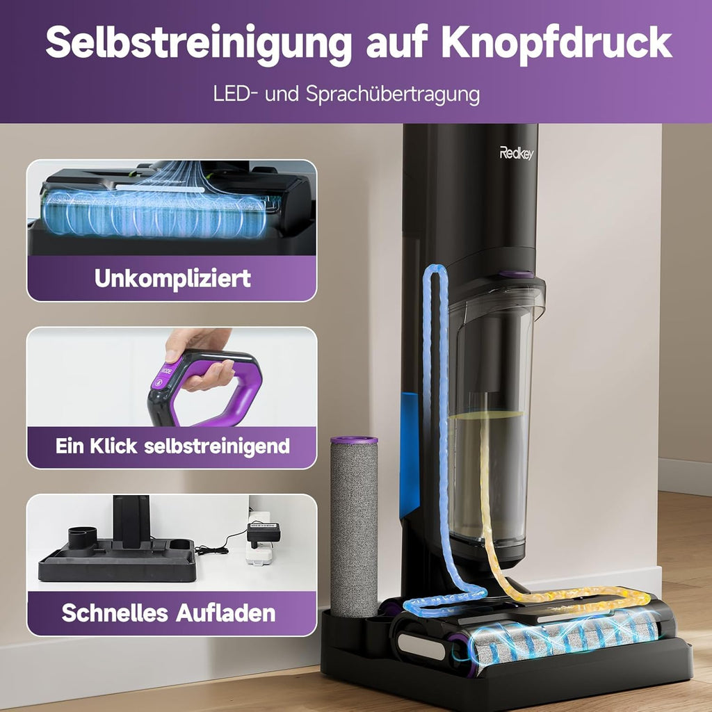 Redkey W15 Nass Trockensauger Akku,Selbstreinigender Mopp-Staubsauger,Kantenreinigung 6 mm,Dual-Wassertank-Unterstützung, 3 Reinigungsmodi,LED Spracherinnerung Geeignet für Hartböden,Selbstreinigung