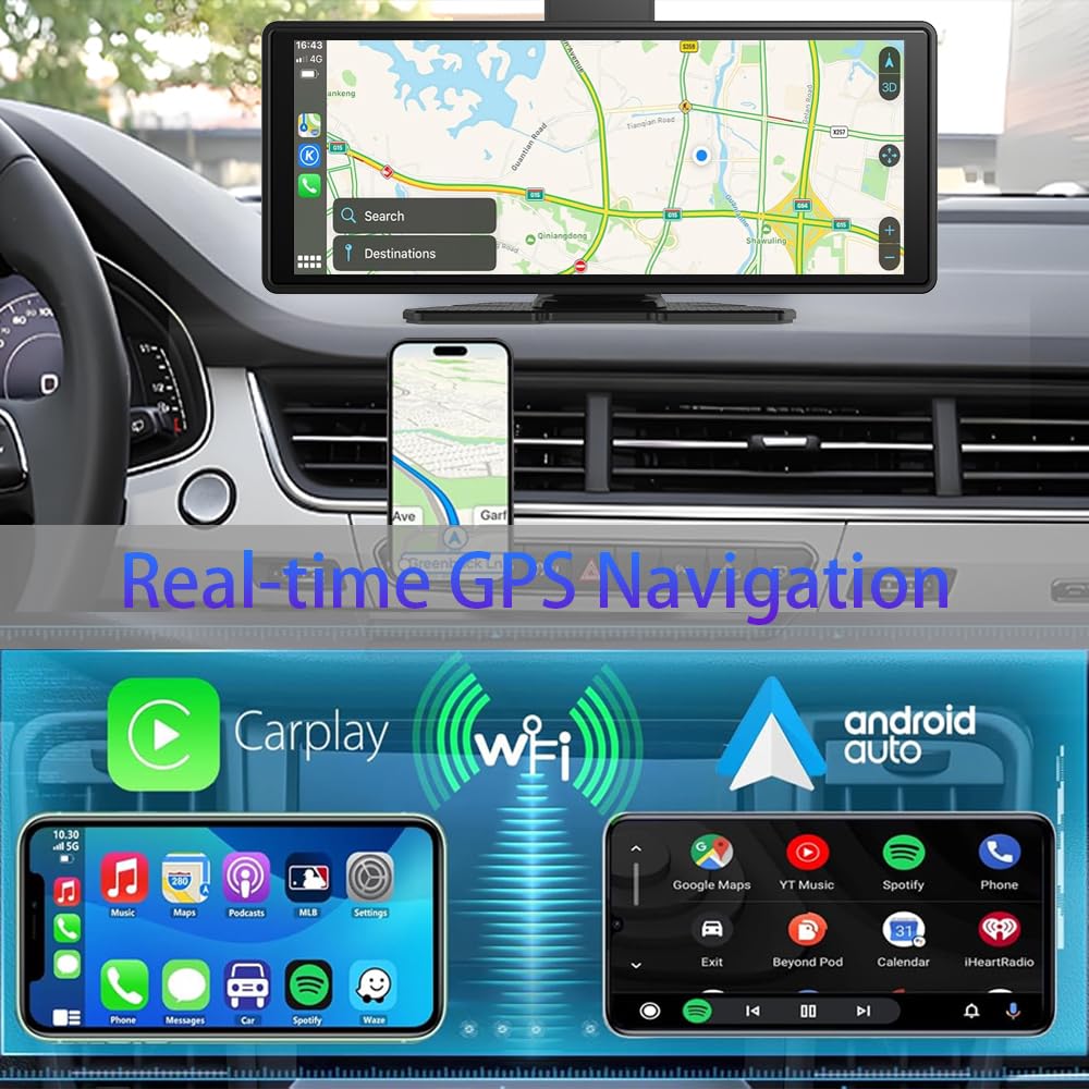 10.26" Wireless Carplay Screen 360 Rotation 4K Dash Cam Carplay/Android Auto Auto Stereo Auto Audio Empfänger mit 1080p Backup Kamera GPS Navigation/Spiegel Link/Sprachsteuerung/Siri