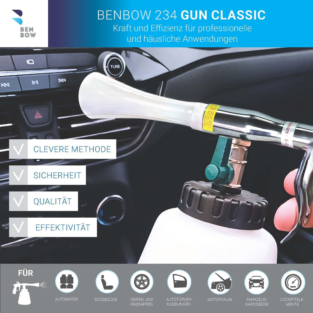 BenBow Druckluft Reinigungspistole Classic - Wirbelwind-Effekt für effiziente Schmutzentfernung im Auto - mit 1-Liter-Behälter, Trichter und Trichter mit Bürste