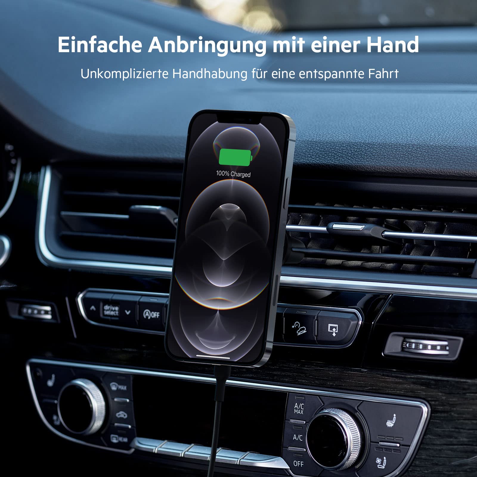 Belkin BoostCharge drahtloser magnetischer Kfz-Telefon-Halter, Kfz ladegerät compatibel mit MagSafe-fähigem iPhone 17, Air, 16, 15, 14, 13, 12, Pixelsnap (inkl. Kabel und Ladegerät)