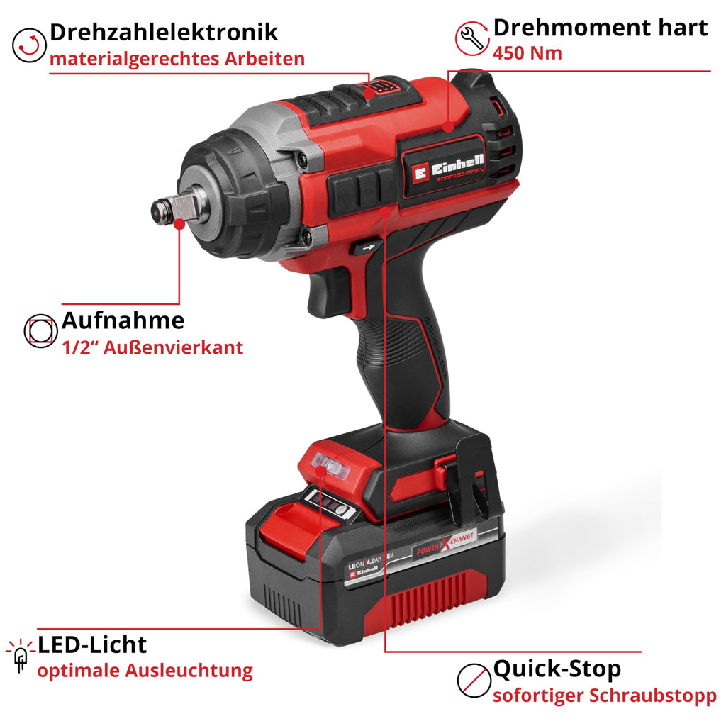 Einhell Professional Akku-Schlagschrauber IMPAXXO 18/450 (1x4,0Ah) Power X-Change (18 V, 450 Nm, Brushless, Außenvierkant-Aufnahme, inkl. 4 Ah Akku, Ladegerät, Nuss-Set)