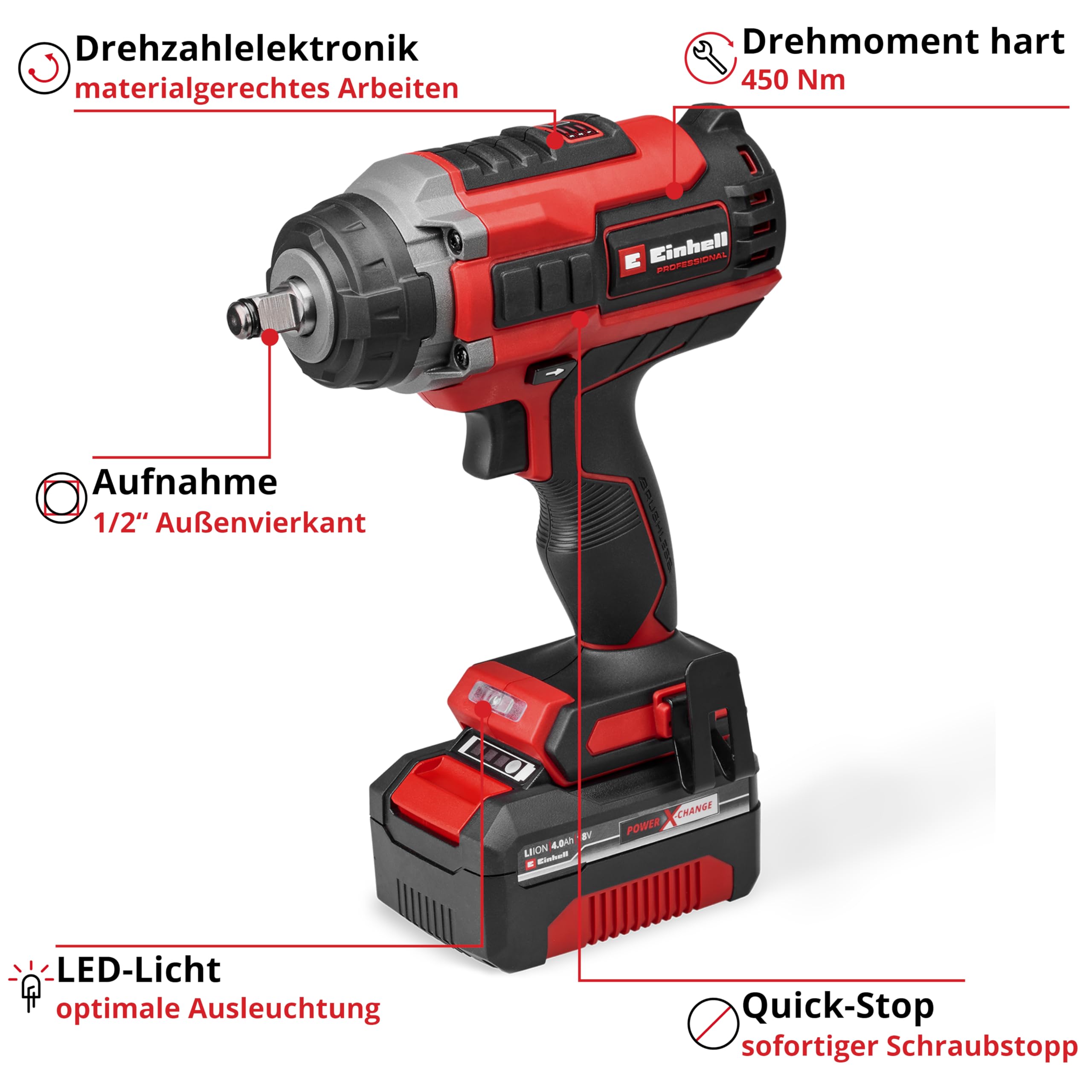 Einhell Professional Akku-Schlagschrauber IMPAXXO 18/450 (1x4,0Ah) Power X-Change (18 V, 450 Nm, Brushless, Außenvierkant-Aufnahme, inkl. 4 Ah Akku, Ladegerät, Nuss-Set)
