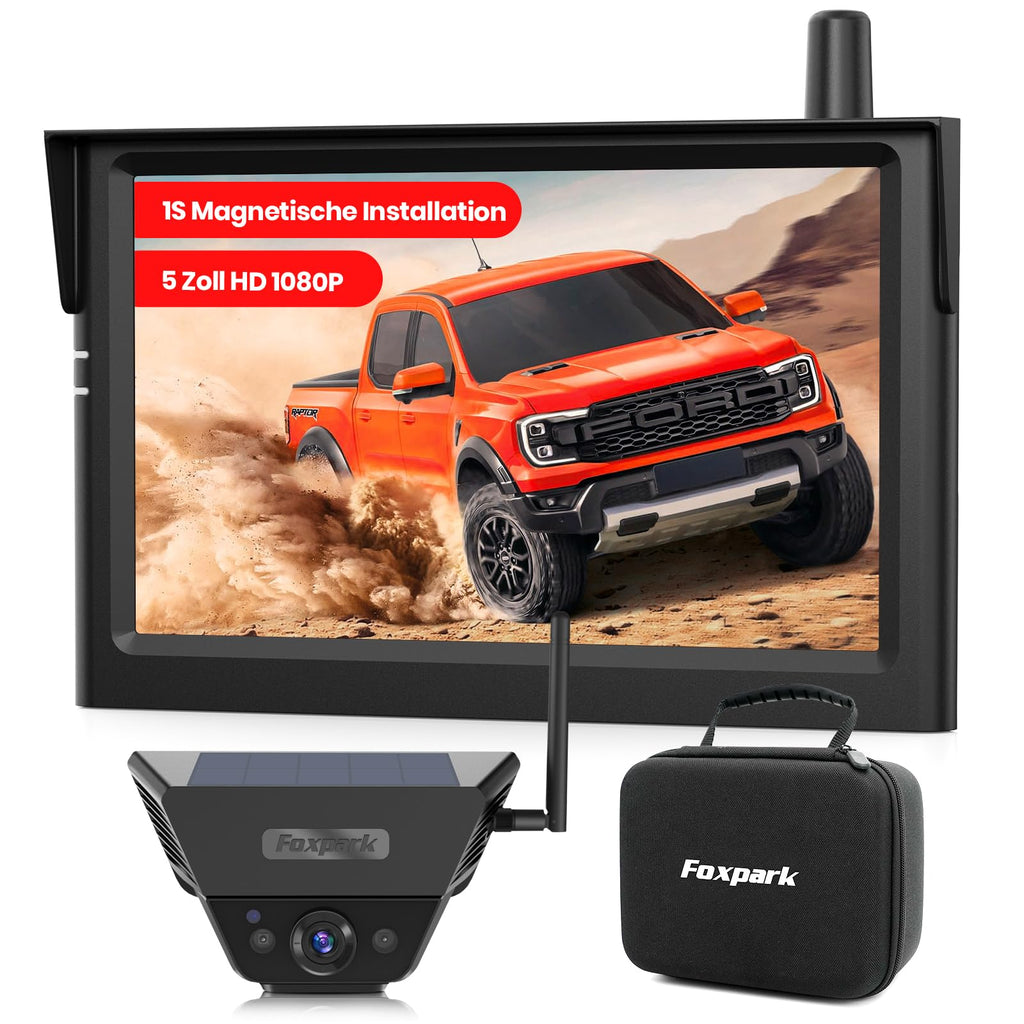Solar Rückfahrkamera Kabellose Magnetisch: 5 Zoll HD 1080P Bildschirm 1 Min Magnetische Installation Starke Signal IP69K wasserdichte Rückfahrkameras mit Aufbewahrungstasche für Auto SUV LKW Anhänger