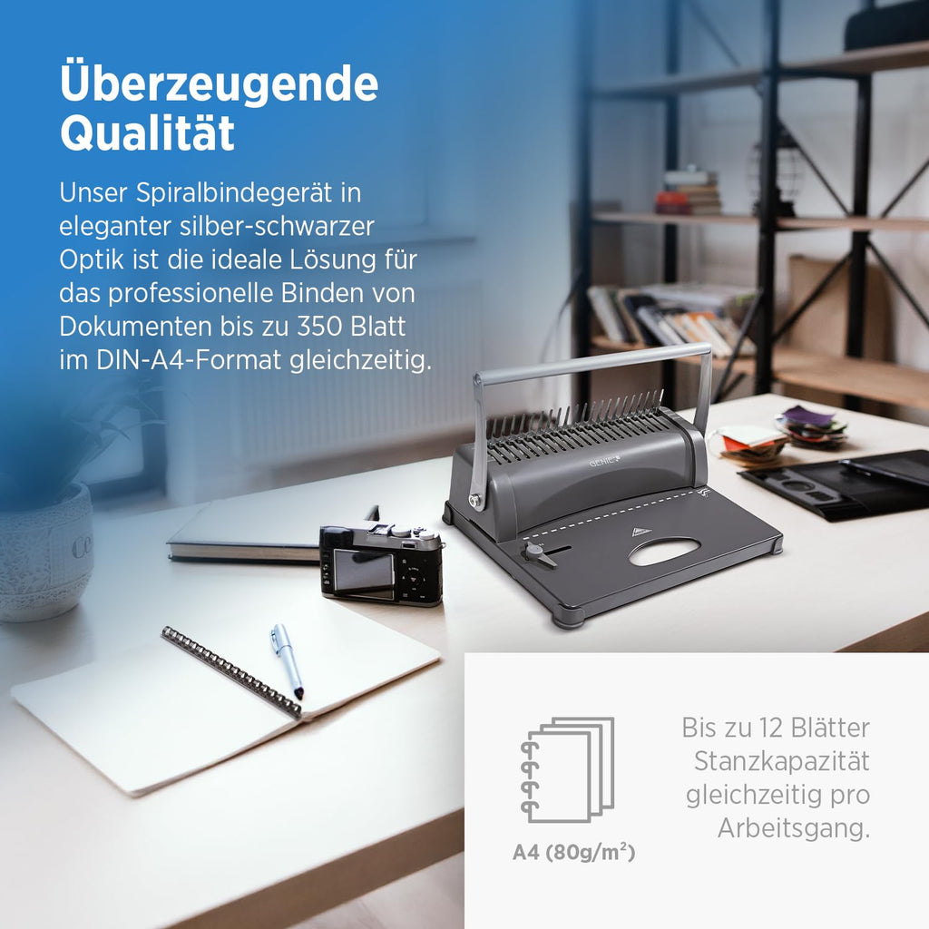 Genie CB 850 Stanz- & Spiralbindegerät | Bindemaschine bis DIN A4 | inkl. 75-teiligem Zubehör-Set | Ringbindung & Spiralbindung Set | Plastikbinderücken | Stanzmaschine mit 4-fach Locher | 350 Blatt