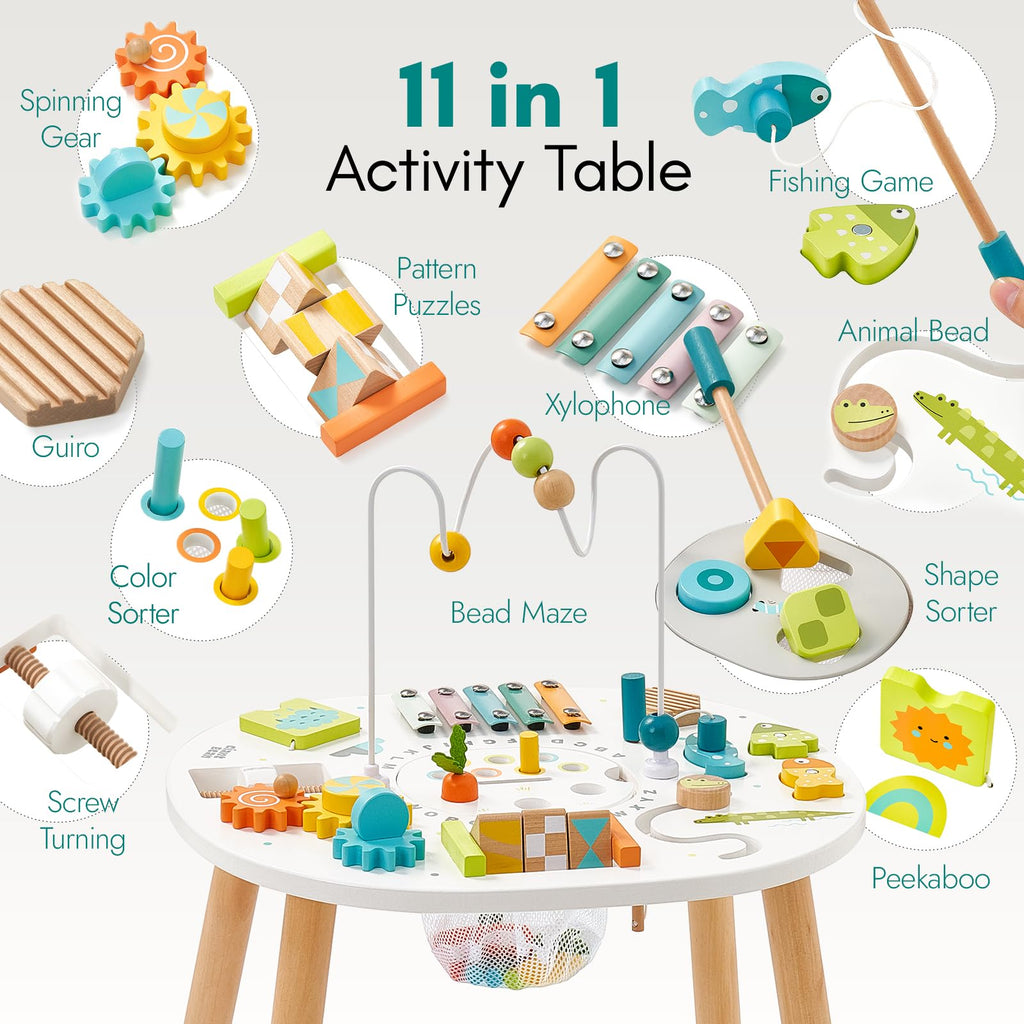 Giant bean Holz Aktivitätstisch für Kinder 1+, 11-in-1 Activity Tisch mit Lern und Motorik Spielzeug für Kleinkinder ab 12 Monaten, Geschenk Motoriktisch Spielzeug ab 1 2 3 Jahre Mädchen Junge