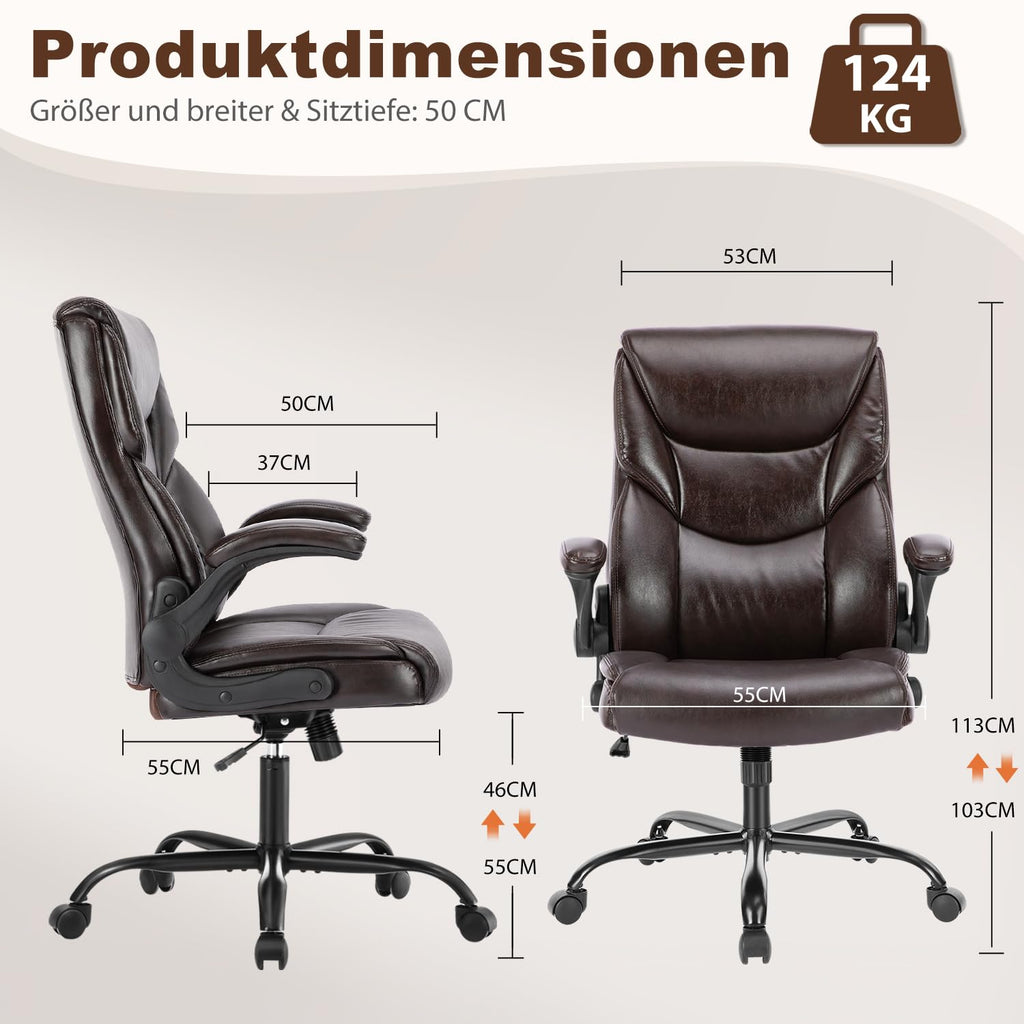 DUMOS Bürostuhl Pu-Leder Chefsessel mit Hochklappbaren Armlehnen Bürostuhle Leder mit Drehbaren Rädern Office Chair Ergonomic Geeignet für Büros Zuhause und Andere Umgebungen