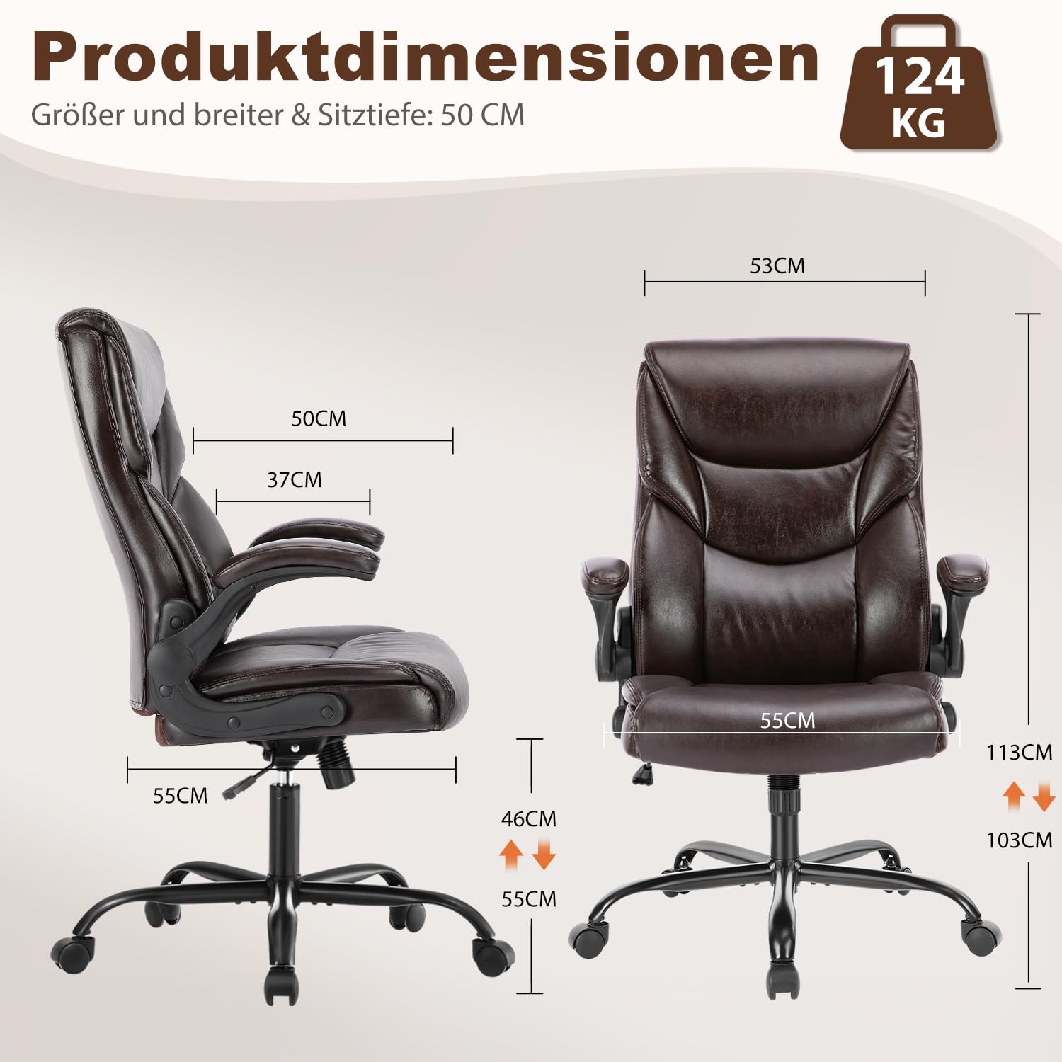DUMOS Bürostuhl Pu-Leder Chefsessel mit Hochklappbaren Armlehnen Bürostuhle Leder mit Drehbaren Rädern Office Chair Ergonomic Geeignet für Büros Zuhause und Andere Umgebungen
