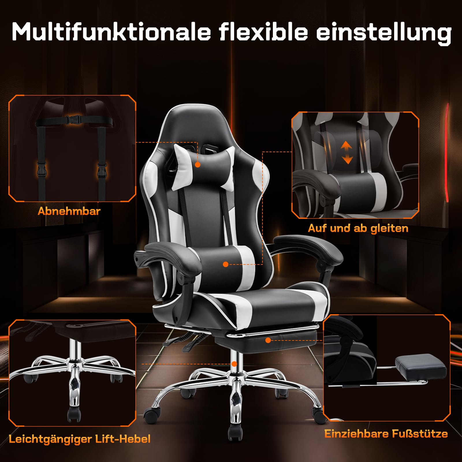 Sweetcrispy Gaming Stuhl,Ergonomischer Bürostuhl mit Fußstütze,Gamer PC Stühle mit Kopfstütze Lendenkissen,90-150° einstellbar Gaming Chair,Leder Drehbar Schreibtischstuhl Computerstuhl,Weiß