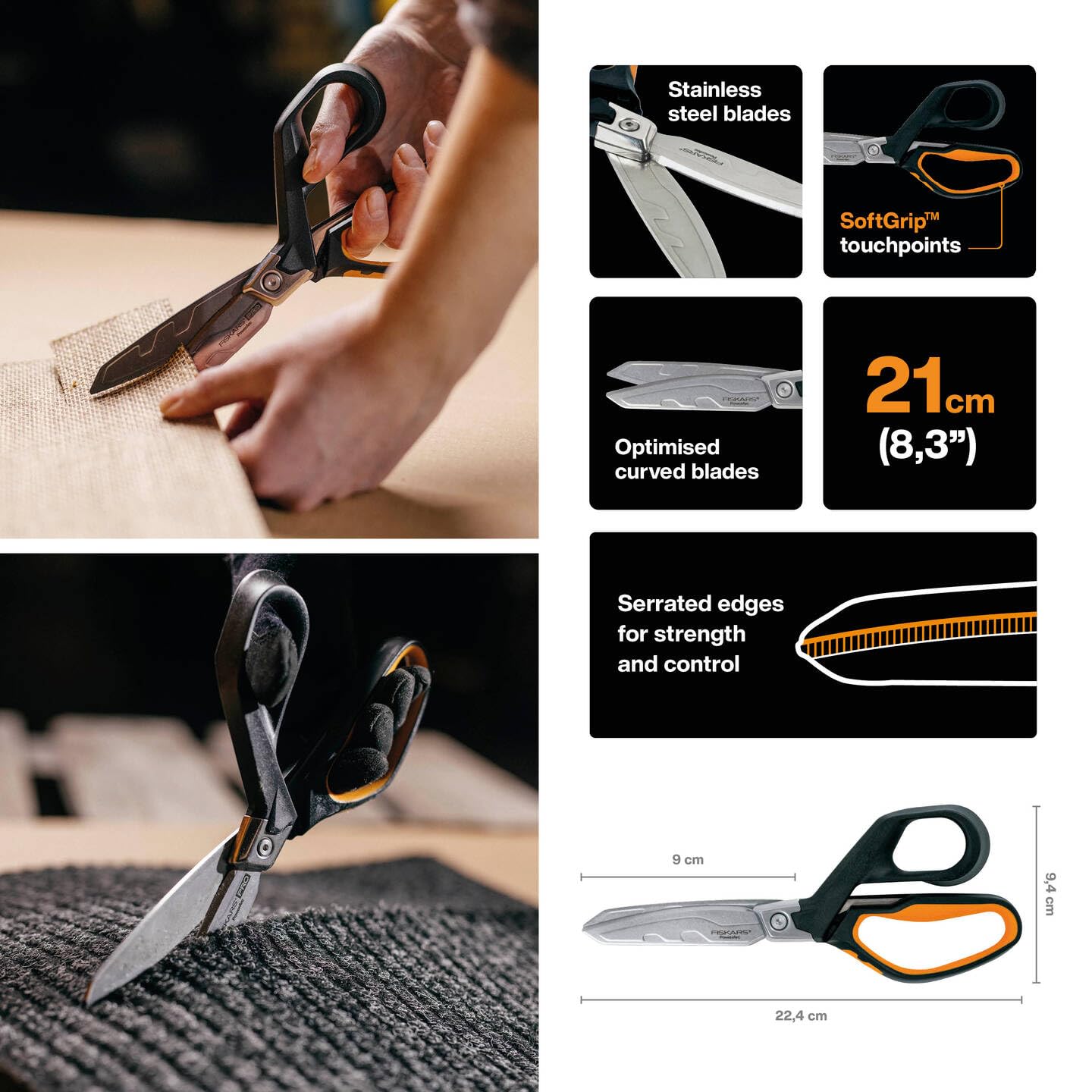 Fiskars Hochleistungsschere, Bis zu 30% mehr Kraft, Länge 21 cm, Langlebiger rostfreier Stahl/Kunststoff, Schwarz/Orange, PowerArc, 1027204