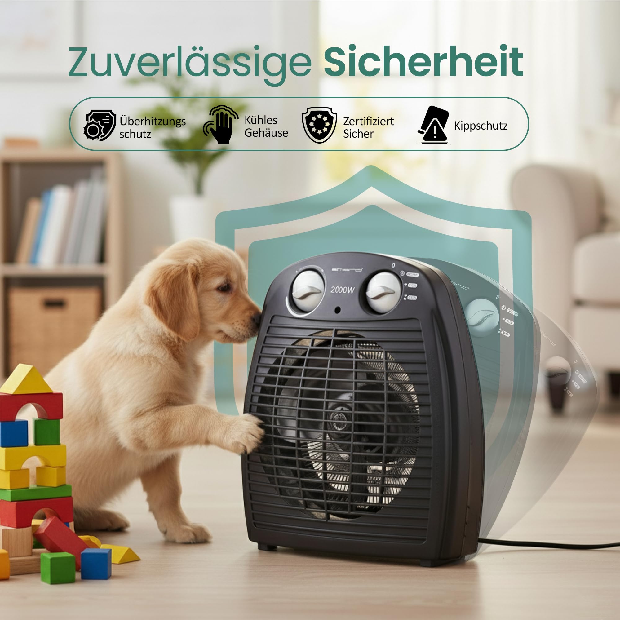 Emerio FH-106737.2, Note 1.5, kleiner kompakter portabler Heizlüfter für 25 m², 2 Heizleistungen + Ventilatorfunktion, verstellbarer Thermostat, Sicherheitsschalter, Handgriff, 2000 Watt, Anthrazit
