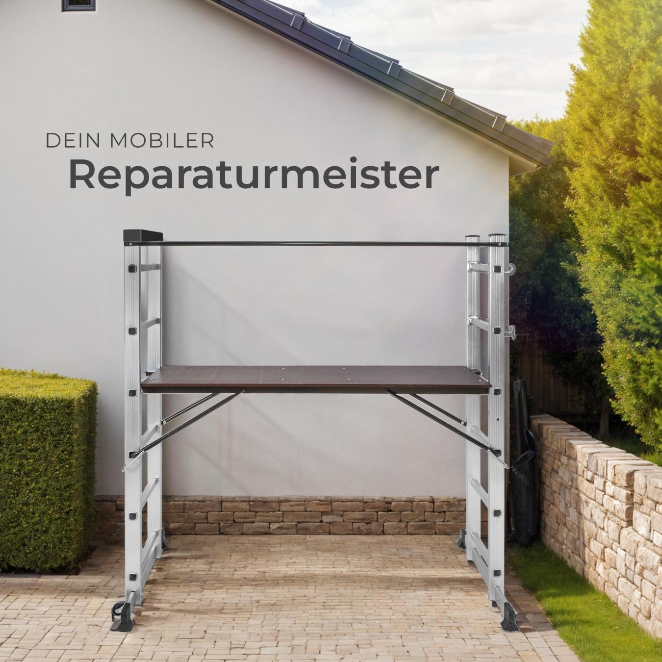 TecTake Gerüst, Leiter 4 in 1, Mobile Mehrzweckleiter, Arbeitsbühne, Baugerüst, Alu Gerüst, Rollgerüst mit Arbeitsplattform, Haushaltsleiter, belastbar bis max. 150 Kg - Silber