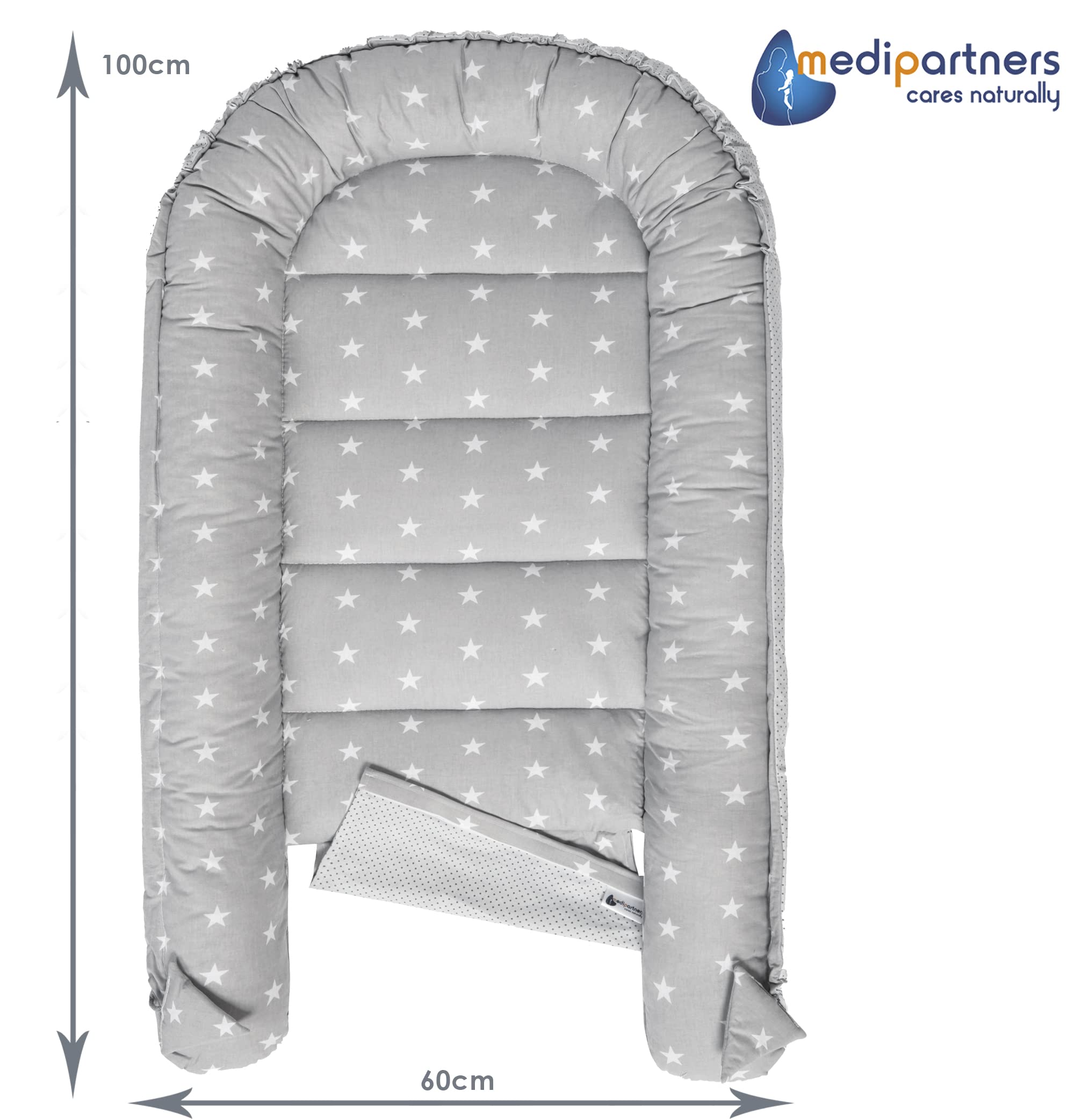 Medi Partners Babynest Nestchen für Neugeborene - 100x60x15 Babynestchen Baby zweiseitg Nest Bett 100% Baumwolle Minky Kuschelnest tragbar (graue Sternen mit graue Minky)