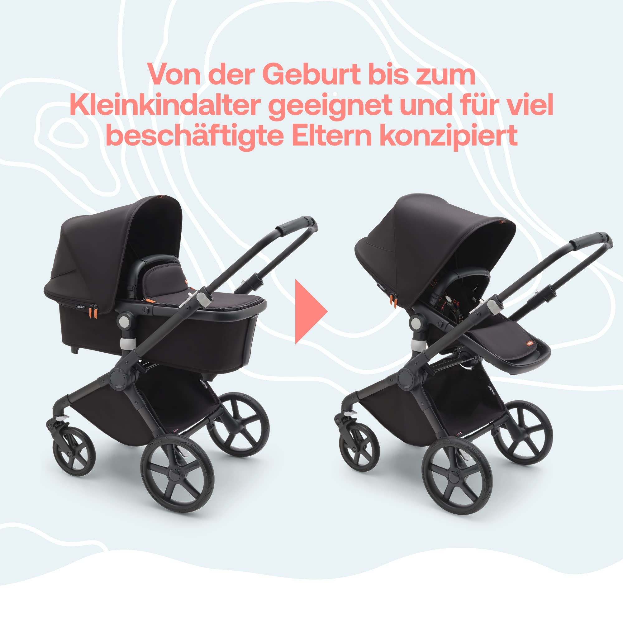 Bugaboo Fox Cub Kinderwagen für jedes Gelände, leichter und stabiler Kinderwagen, strapazierfähiges Design und extragroßes Sonnendach, einteilig und selbststehend faltbar, Schwarz