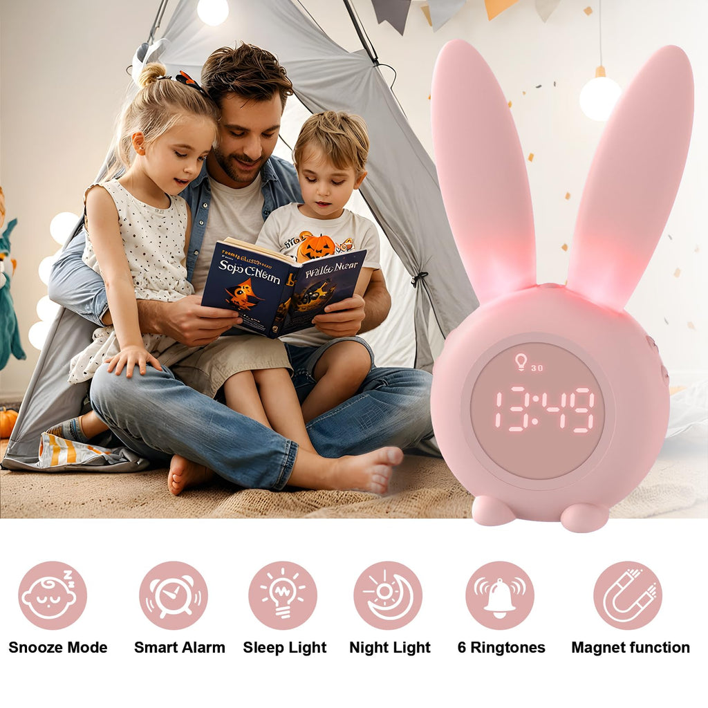 Homealexa Kinder Lichtwecker Cute Rabbit Kinderwecker Creative Nachttischlampe Snooze-Funktion, zeitgesteuertes Nachtlicht, Kindertagesgeschenk für Kinder, Mädchen (Pink)