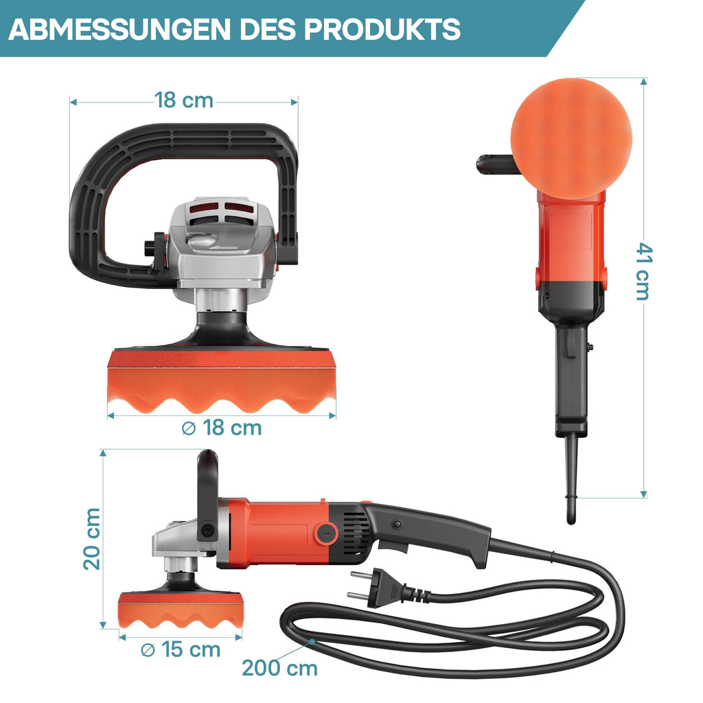 Wiltec Auto Poliermaschine Schleifmaschine 1200W bis 3000 U/min, Poliergerät mit 6 Stufen, mit Tasche und Zubehör, Tellerschleifer, Rotationsschleifer
