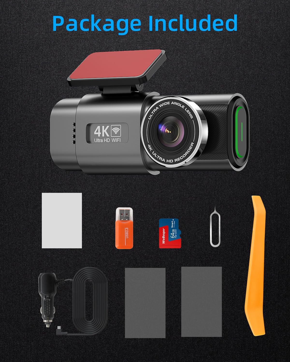 WiFi Dashcam Auto Vorne Hinten,4K+1080P,Auto Kamera,App-Steuerung Autokamera mit 64G SD-Karte,170°+140° Ultraweitwinkel,Mini 1.47 Zoll,Nachtsicht,WDR,G-Sensor,Loop-Aufnahm,Parküberwachung