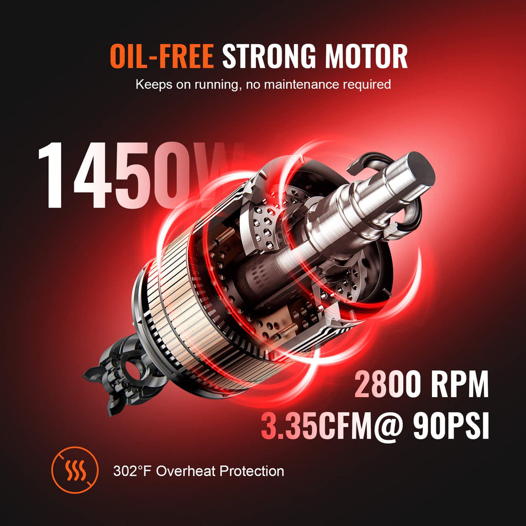 VEVOR Kompressor 24L Silent Druckluftkompressor, 6-8Bar, 1450W(2PS), 3,5 MPa, 2800U/min Ölfreier 70dB Flüsterkompressor mit 2 Rädern, Druckbehälter Autoreparaturen Sprühlackierung Holzarbeiten