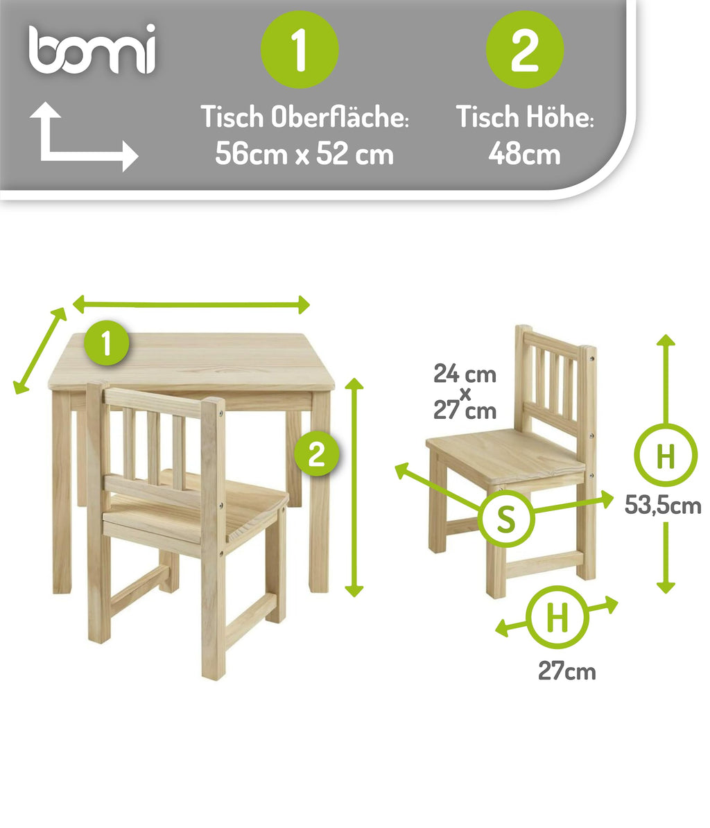 Bomi Kindersitzgruppe Holz Amy | Kindertisch mit 2 Stühlen | Tisch & Stühle Kinderzimmer Set | Kindertisch für drinnen | Maltisch & Basteltisch Kinder | Kindermöbel Holz Naturbelassen