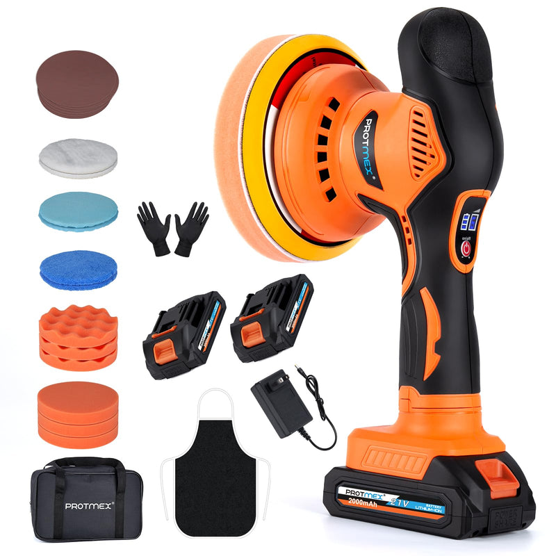 Protmex Poliermaschine Auto Akku - 6 Variable Geschwindigkeit Auto Politur Set 2800-5500RPM 21 PCS Aufsätze, 2 x 21 V 1,5 Ah Akku Poliermaschine für Auto Autopflege Polieren Wachsen Kratzerentfernung