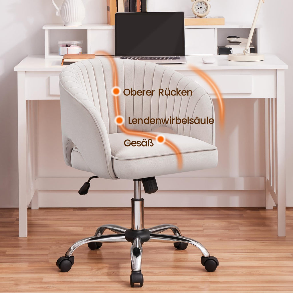 Yaheetech Schminkstuhl mit Samtbezug, Schreibtischstuhl mit Armlehnen, Drehstuhl mit Rollen, Höhenverstellbar Homeoffice Stuhl, Bürosessel mit Schaukelfunktion, drehbar Polsterstuhl Cremeweiß
