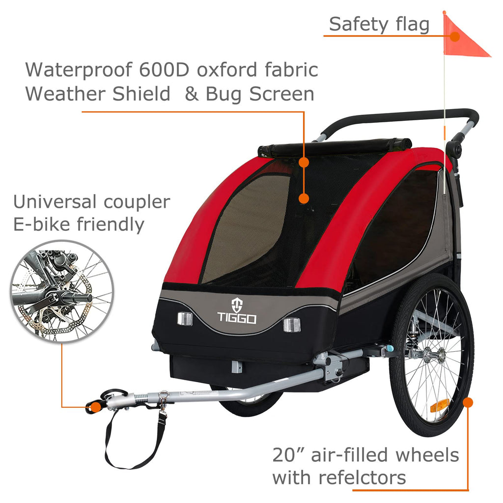 Tiggo S2 Kinderanhänger mit Federung Jogger 2 in 1 Kinder Buggy fahrradanhänger Anhänger 360° Drehbar (Rot)