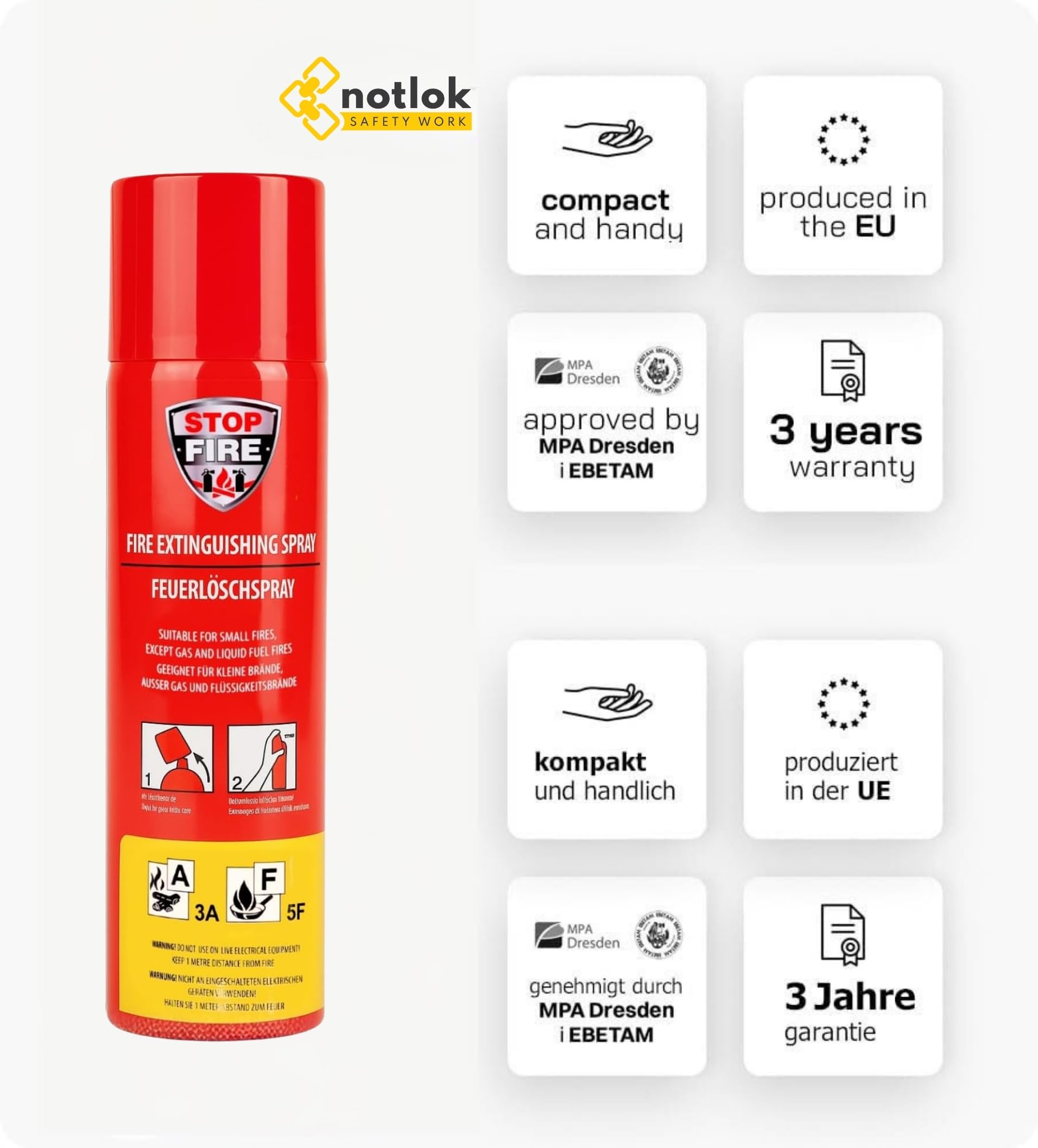 notlok Safety Work - 500g Feuerlöschspray fluorfrei | Hautfreundlicher Mini-Feuerlöscher-Schaum für Brände A F & E bis 1000 V | Klein Feuerlöscher für Zuhause & Auto