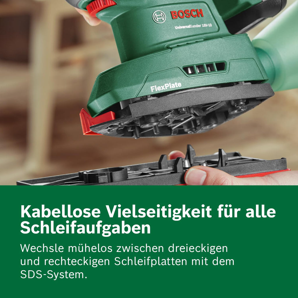 Bosch Akku-Schleifer UniversalSander 18V-10 (ohne Akku; 18 Volt System; für die DIY-Holzbearbeitung; 32x Schleifpapier; im Karton) – Amazon Edition