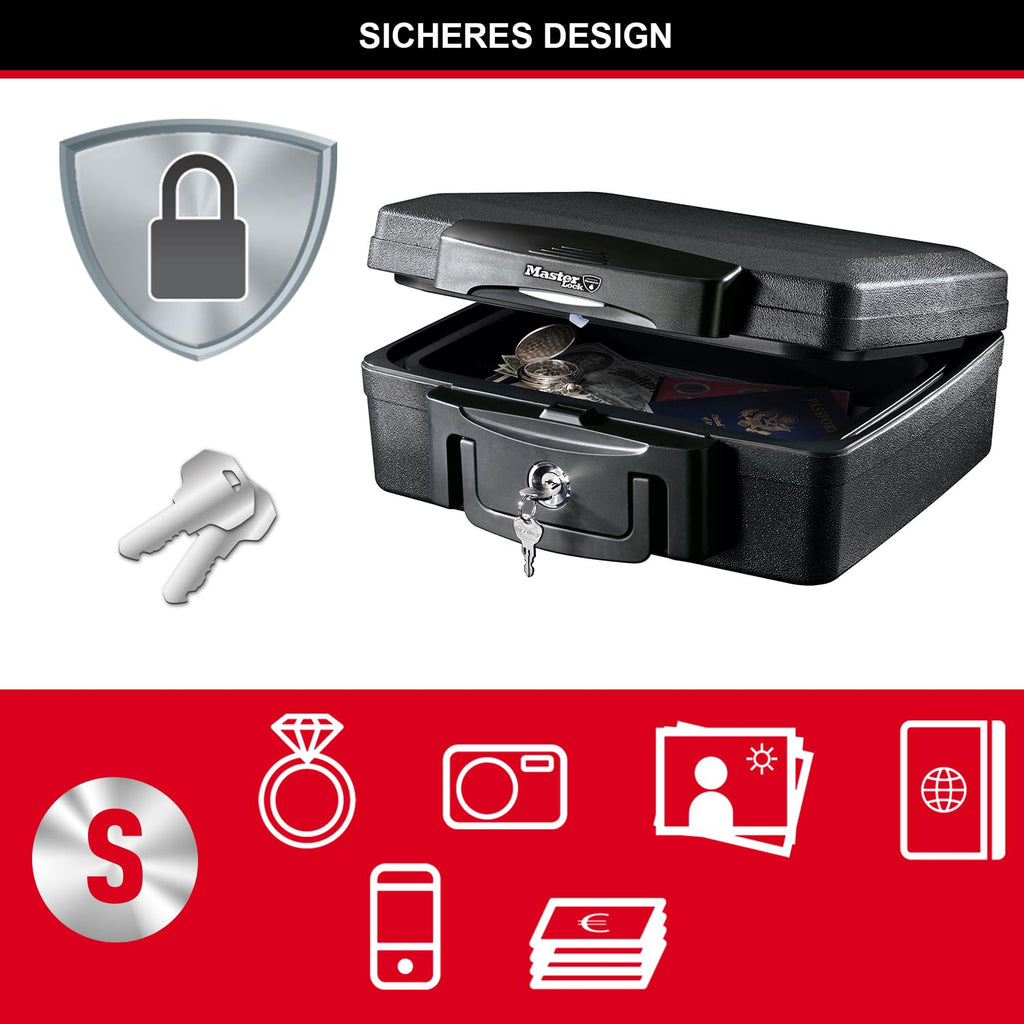 Master Lock Tresor Feuerfest und Wasserdicht mit Schlüssel, Dreifacher Schutz - Flug, Feuer und Flut, 4.9L, 15.6 x 36.2 x 33 cm