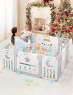 Dripex Laufstall Baby faltbar 150x150x62cm (14 Paneele) mit Spielboard, Laufgitter Baby, Kinderlaufstall & Babyzaun aus strapazierfähigem Plastik, Playpen für Innen & Außen, Grau