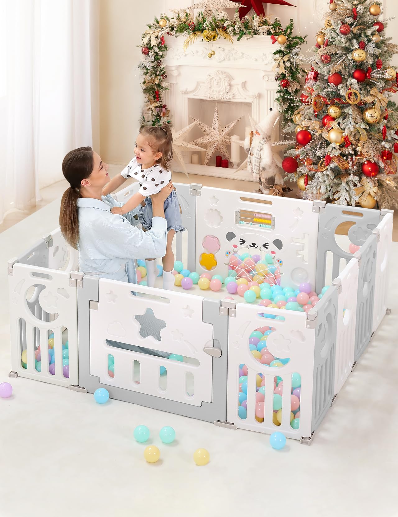 Dripex Laufstall Baby faltbar 150x150x62cm (14 Paneele) mit Spielboard, Laufgitter Baby, Kinderlaufstall & Babyzaun aus strapazierfähigem Plastik, Playpen für Innen & Außen, Grau