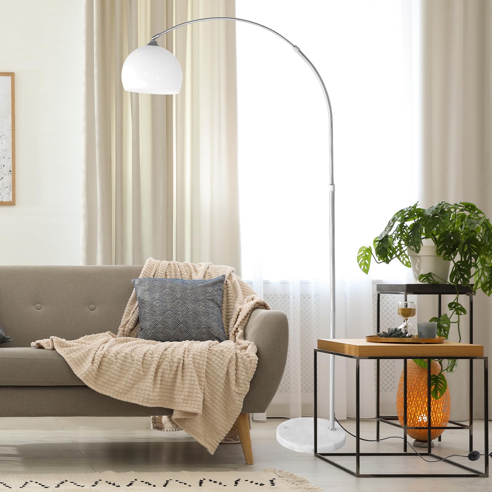 CCLIFE LED E27 Bogenlampe höhenverstellbar Marmorfuß weiß orange Stehlampe Stehleuchte Standleuchte Bogenleuchte Bogenstandleuchte, Farbe:Weiss, höhenverstellbar 130-180cm